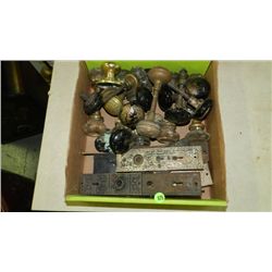 box of Primitive items including, house hardware