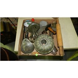 box of Primitive items including, kitchen items