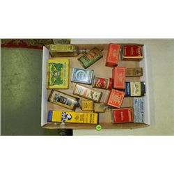 box of Primitive items including, advertising tins