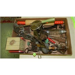 box of Primitive items including, kitchen items