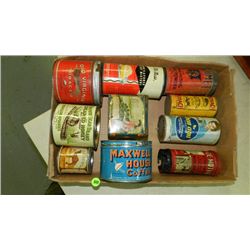 box of Primitive items including, advertising tins