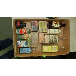 box of Primitive items including, advertising boxes and