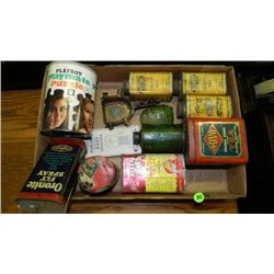 box of Primitive items including, advertising tins