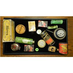 box of Primitive items including, advertising tins no