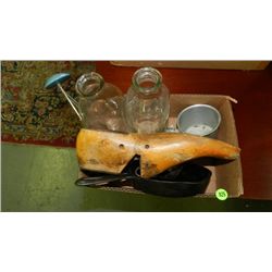 box of Primitive items including, milk bottles etc