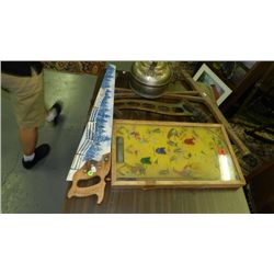 group of Primitive items, painted saw, brass holder etc