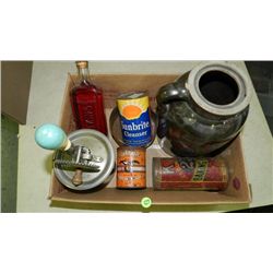 box of Primitive items including, bottles, tins etc