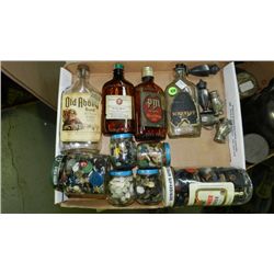 box of Primitive advertising bottles, buttons etc