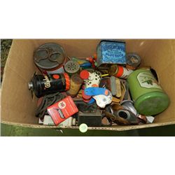 large box of Primitive items. tins, toys etc,