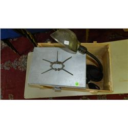 box of Primitives with desk lamp / milk box
