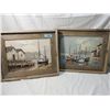 Image 1 : PAIR VINTAGE  FISHING SHIPS AT DOCK OIL PAINTINGS