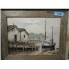 Image 2 : PAIR VINTAGE  FISHING SHIPS AT DOCK OIL PAINTINGS