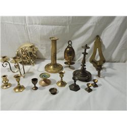 BOX LOT ASSORTED BRASS CANDLE HOLDERS WALL SCONCE