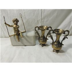 LOT 3 DECORATIVE BUD VASES & CHERUB