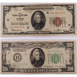 LOT OF (2) $20.00 FEDERAL RESERVE NOTES 1929 & 1934 ST LOUIS & CHICAGO