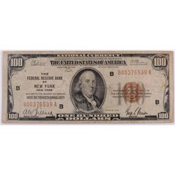 1929 $100.00 FEDERAL RESERVE NOTE NEW YORK, NEW YORK