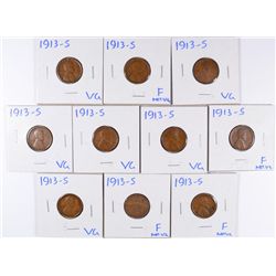 (10) 1913-S LINCOLN CENTS VG'S