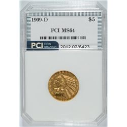 1909-D $5.00 GOLD INDIAN HEAD, PCI MS-64