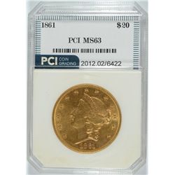 1861 $20.00 GOLD LIBERTY, PCI MS-63  RARE!!