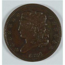 1834 HALF CENT, XF/AU, NICE CHOCOLATE BROWN COLOR