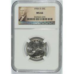 1955-D WASHINGTON QUARTER, NGC MS-66 RARE!!  NGC PRICE GUIDE $575.00