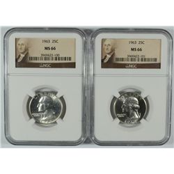 LOT OF ( 2 ) 1963 WASHINGTON QUARTERS, NGC MS-66
