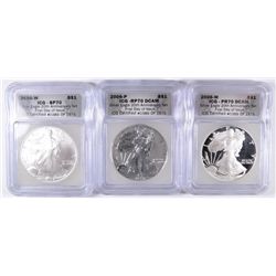 2006 AMERICAN SILVER EAGLE 20th ANNIVERSARY 3 COIN SET, ALL ICG PROOF-70 DCAM