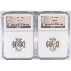 1961 AND 1962-D ROOSEVELT DIMES, NGC MS-66