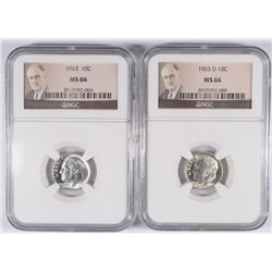 1963 AND 1963-D ROOSEVELT DIMES, NGC MS-66