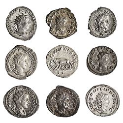 9 antoninianos diferentes: Gordiano III (2), Filipo I, Filipo II, Trajano Decio, Treboniano Galo, Vo