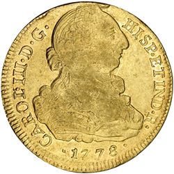 8 escudos. 1778. Popayán. SF. VI-1717. Golpe en el canto. R.B.O. MBC/MBC+.