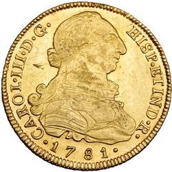 8 escudos. 1781. Potosí. PR. VI-1732. Pequeña hoja en el anv. y rayas de ajuste. R.B.O. MBC+. Muy es
