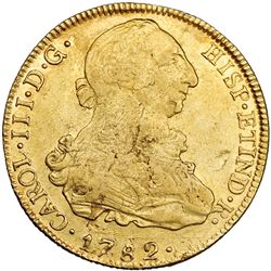 8 escudos. 1782. Potosí. PR. VI-1733. Hojas en el anv. R.B.O. Muy escasa.