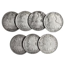 7 monedas de 8 reales diferentes. México. 1800, 1801, 1802, 1803, 1804, 1806 y  1808. BC+/MBC.