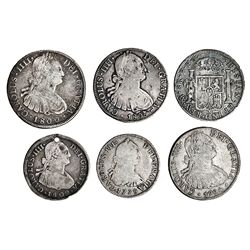 4 monedas de 8 reales y 2 de 4 reales: 8 reales, México, 1782, 1798 y 1805; Potosí: 8 reales, 1800; 