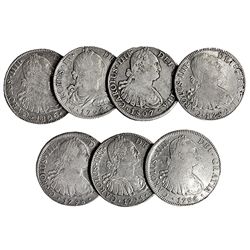 7 monedas de 8 reales. México. 1790, 1792, 1794, 1795, 1798, 1806 y 1807. MBC-/MBC.