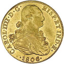 8 escudos. 1806. México. TH. VI-1343. Mínima rayita en el anv. B.O. EBC.