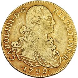 8 escudos. 1799. Nuevo Reino. JJ. VI-1357. Golpecito en el canto y pequeñas marcas. MBC-.