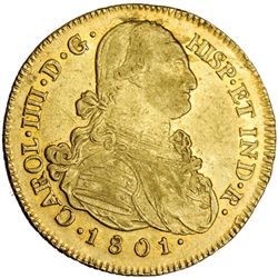 8 escudos. 1801. Popayán. JF. VI-1381. Hojitas en el anv. R.B.O. MBC+.