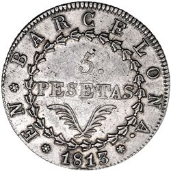 5 pesetas. 1813. Barcelona. VI-39. Rayitas en el rev. MBC/MBC+. Rara.