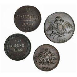 RUSIA. Lote de 4 cobres: 10 kopeks, 1832, EM; 5 kopeks, 1833 EM y 1860 EM; 2 kopeks, 1800 EM. Calida