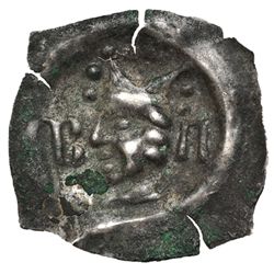 SUIZA. Pfennig. Juan Senn (1335-1365). Basilea. Busto mitrados, a los lados B-A. Tres grietas. MBC.