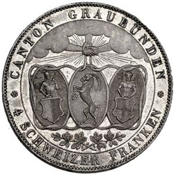 SUIZA. 4 francos. 1842. Graubunden. Festival de tiro en Chur. DAV-372. KM-17. EBC+. Muy escasa.