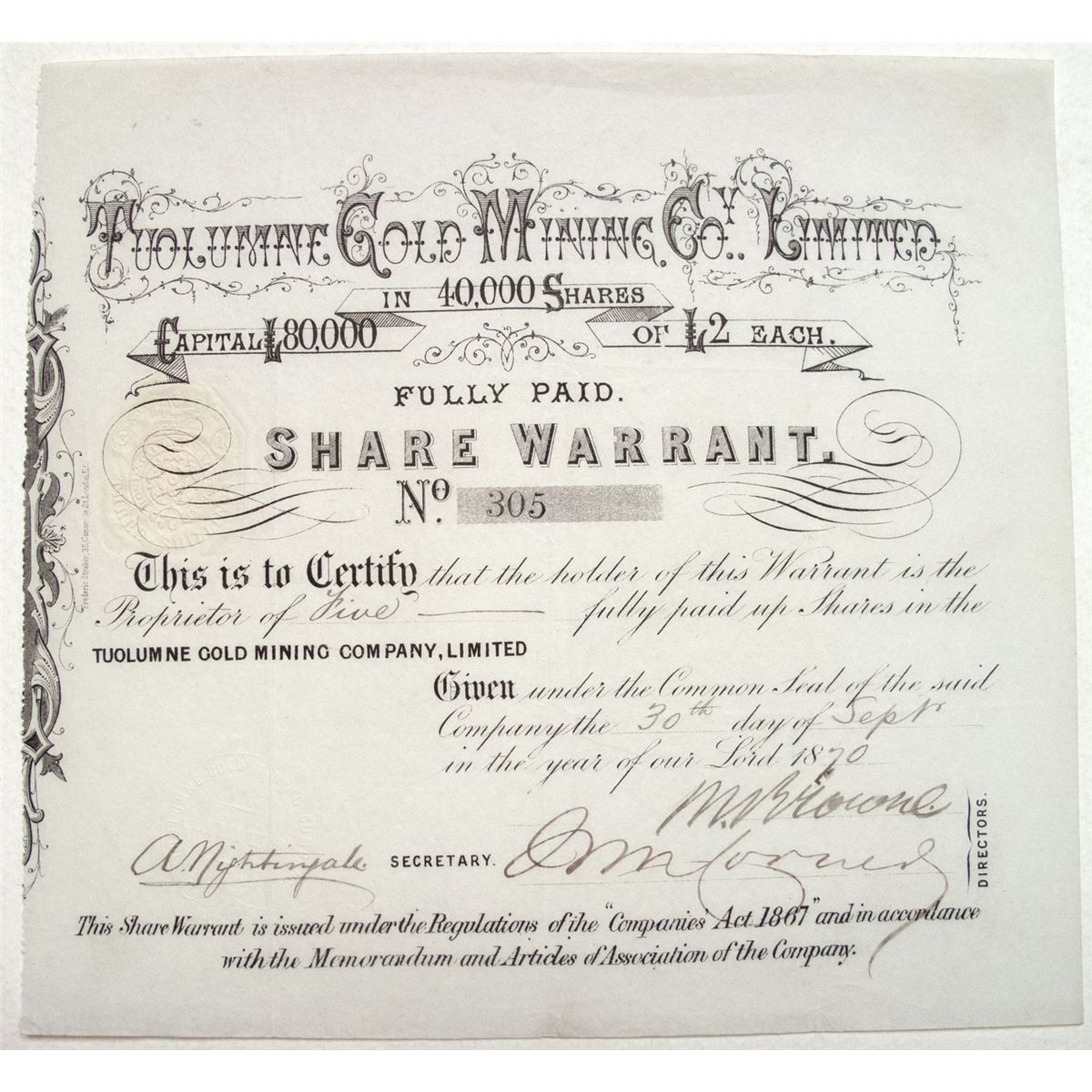 Tuolumne Gold Mining Co Limited 2 Share Warrant Stock Certificate