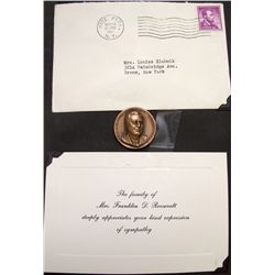 Franklin Roosevelt appreciation of sympathy card with medal!