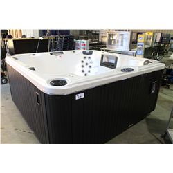 CAL SPAS ESCAPE SERIES LOUNGER HOT TUB, 8' X 8' PREFERRED SMOKE CABINET WITH GYPSUM INTERIOR C/W