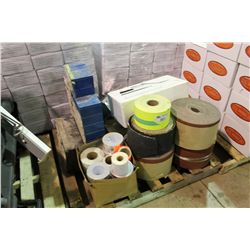 PALLET OF SANDPAPER, PARTS BINS AND TOOLS