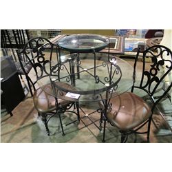 WROUGHT IRON GLASS TABLE WITH 2 CHAIRS AND SMALL GLASS TABLE