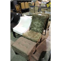 2 GREEN OCCASIONAL CHAIRS WITH OTTOMAN