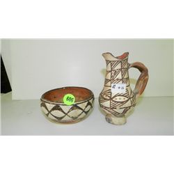 2 piece Vintage handmade & painted clay Zia pitcher and